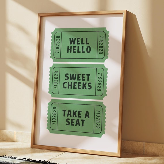 Hello Sweet Cheeks Retro Ticket Print Sage Green Wall Art Funny Bathroom Cute Toilet Decor Trendy