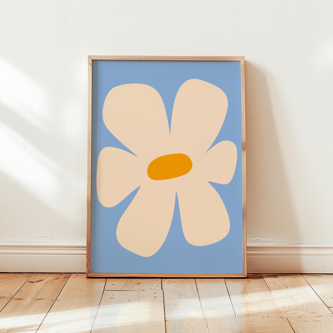 Retro Daisy Abstract Cream Flower on Sky Blue Cheerful Modern Poster