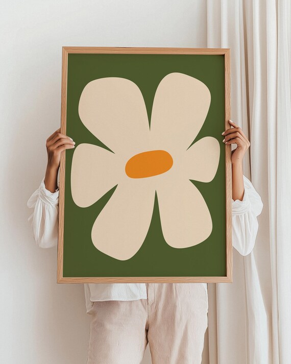 Minimalist Cream Flower on Olive Green Mid Century Art Poster
