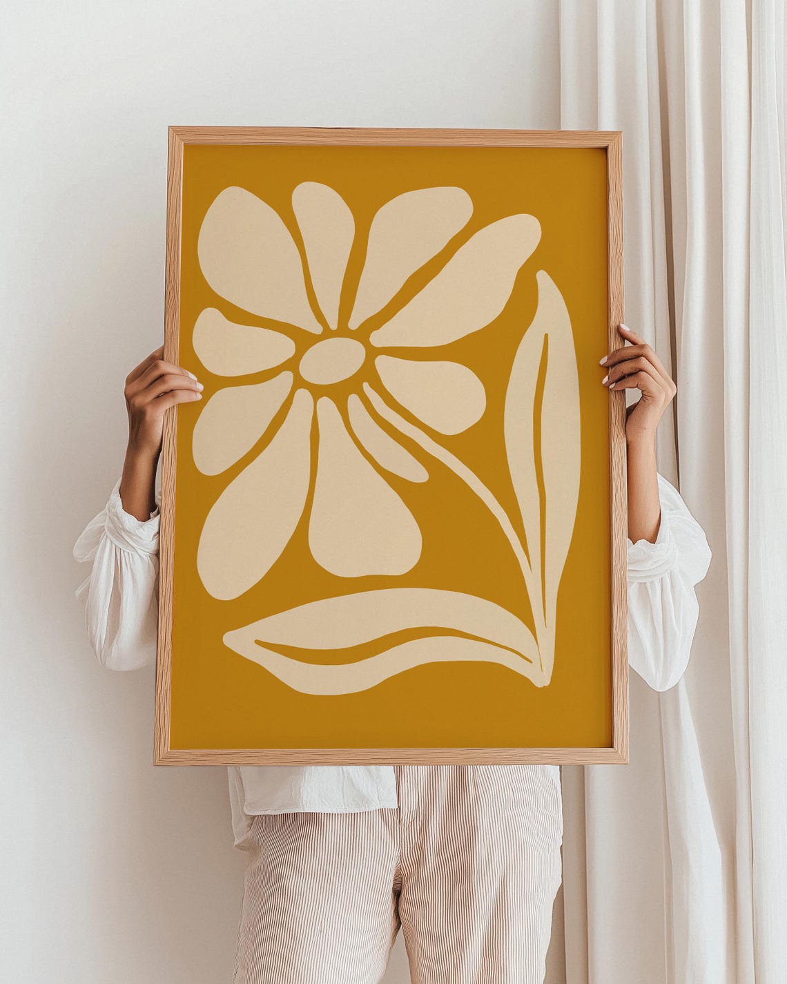 Cream Flower on Mustard Yellow Background Botanical Art Poster