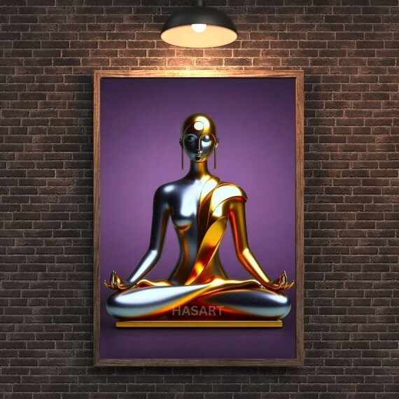 Chrome and Gold Meditating Figure on Deep Purple Zen Art Poster