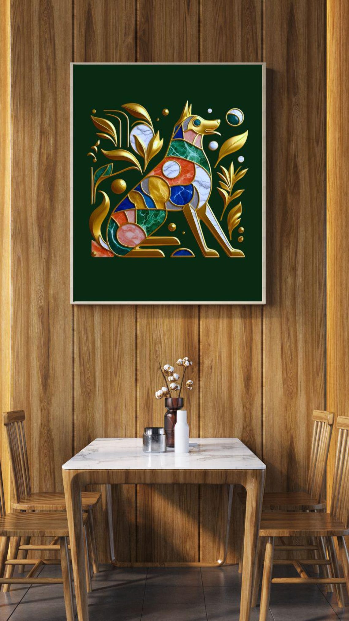 Golden Art Deco Dog with Marble Inlays on Emerald Art Poster - Image 2