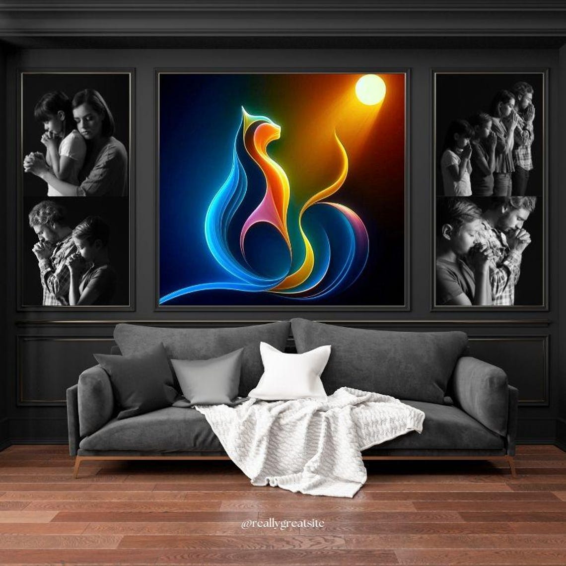 Neon Sunset Abstract Cat Silhouette Melting into Flames Poster - Image 3