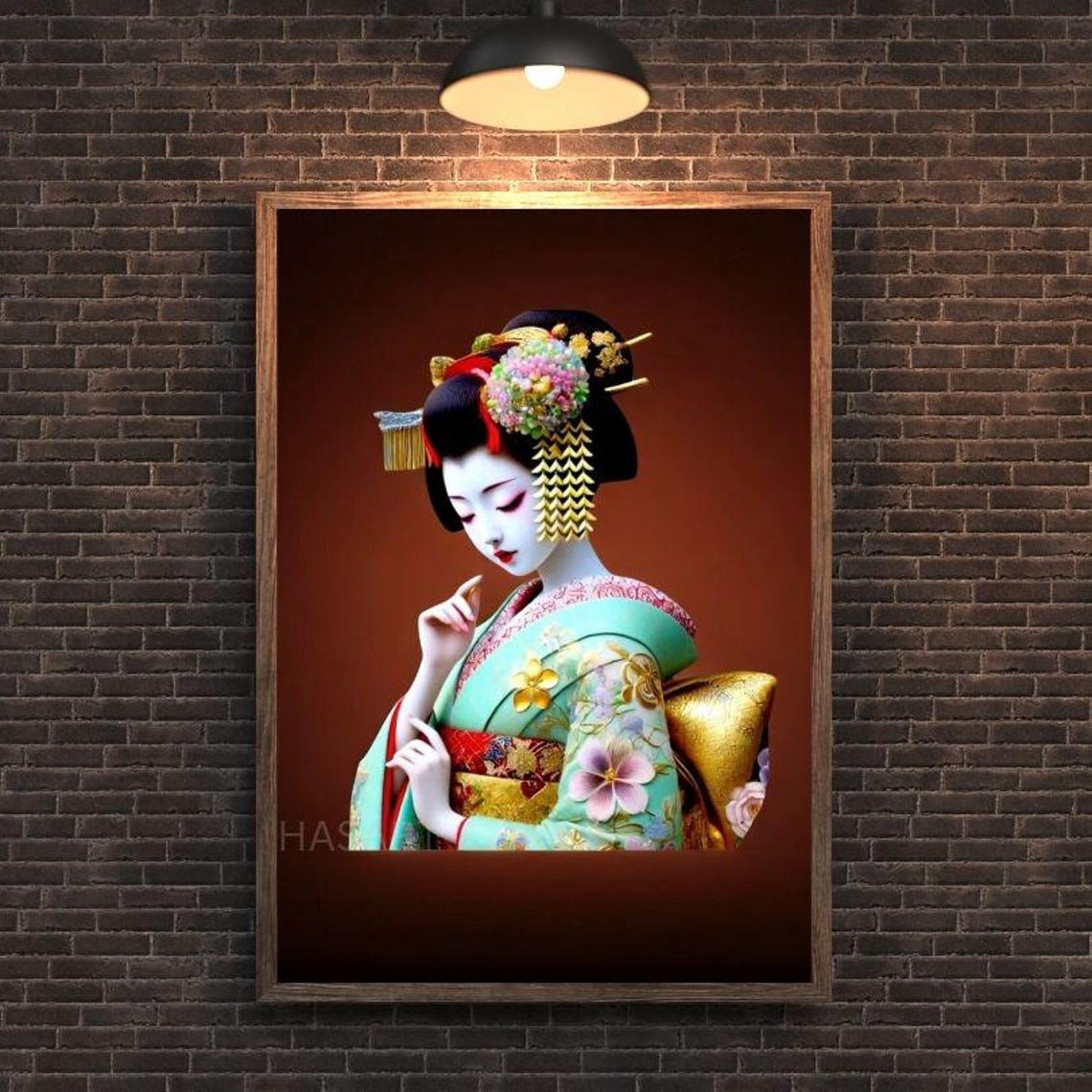 Graceful Geisha in Floral Kimono Traditional Japanese Art Poster