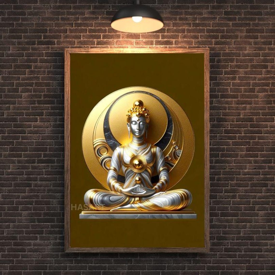 Serene Golden Buddha Meditating on Radiant Sun Disc Zen Art Poster