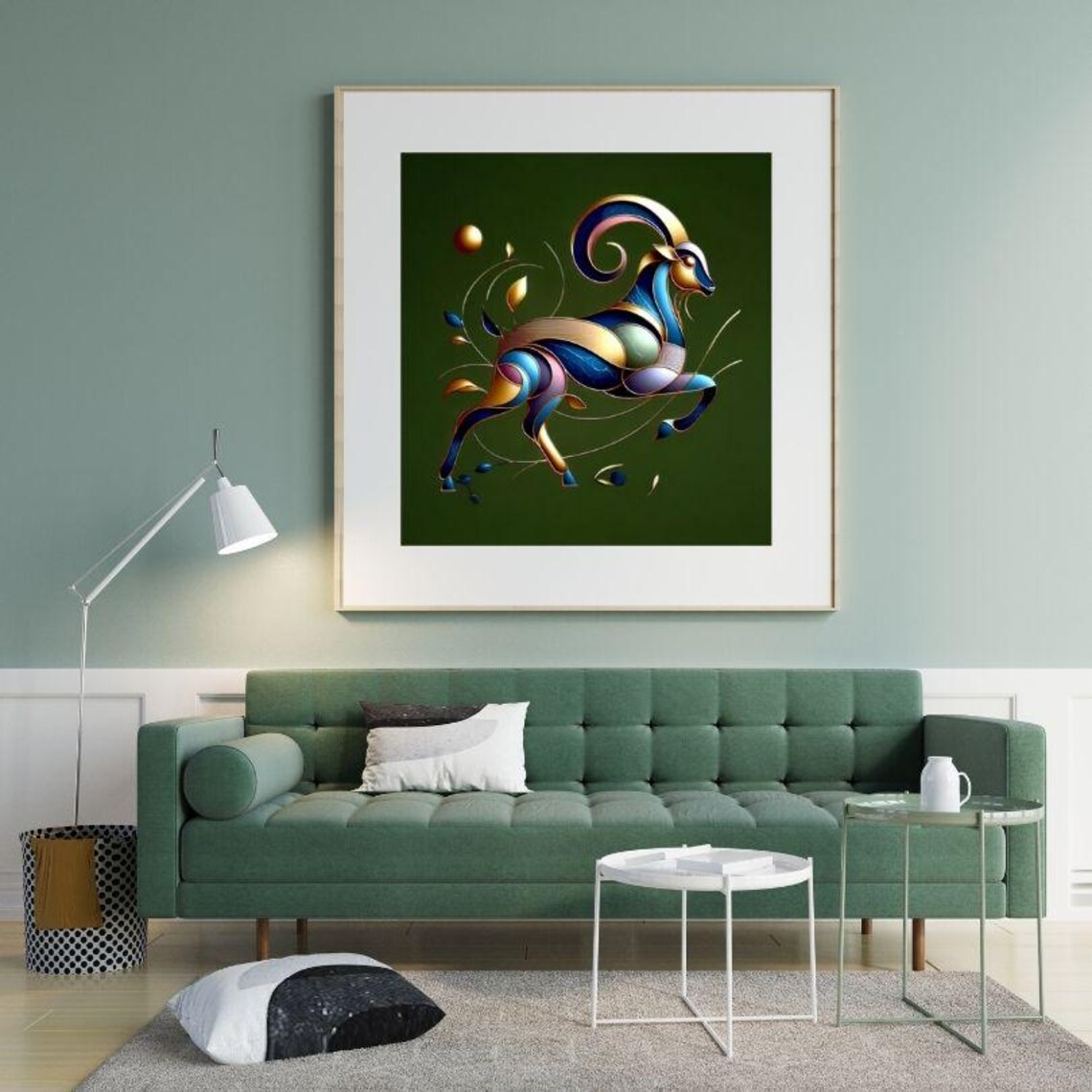 Blue Gold Metallic Leaping Ibex Goat Elegant Modern Art Poster - Image 3