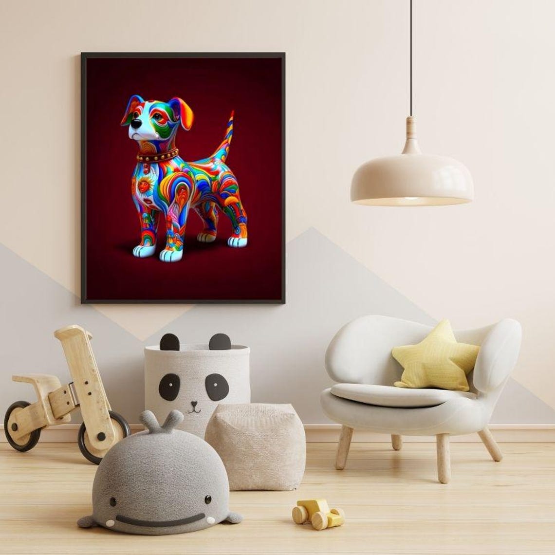 Rainbow Swirl Puppy Standing Proud on Deep Maroon Art Poster - Image 2