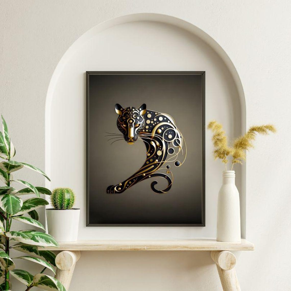 Black And Gold Dotwork Leopard Graceful Elegant Modern Art Poster - Image 3