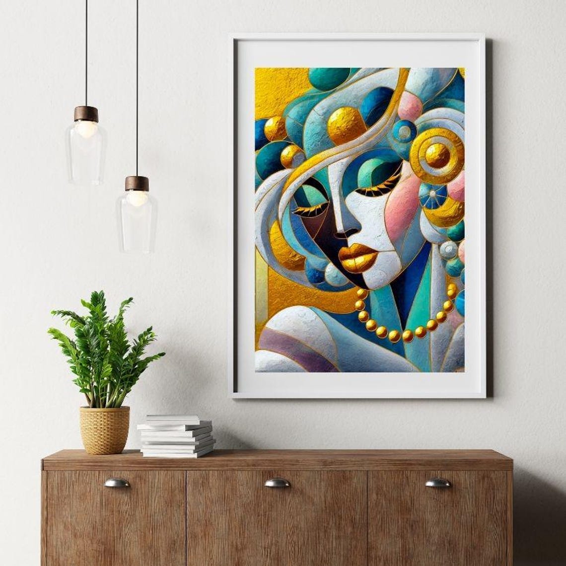Art Deco Mosaic Woman Face in Blue Gold and Teal Geometric Poster - Image 3
