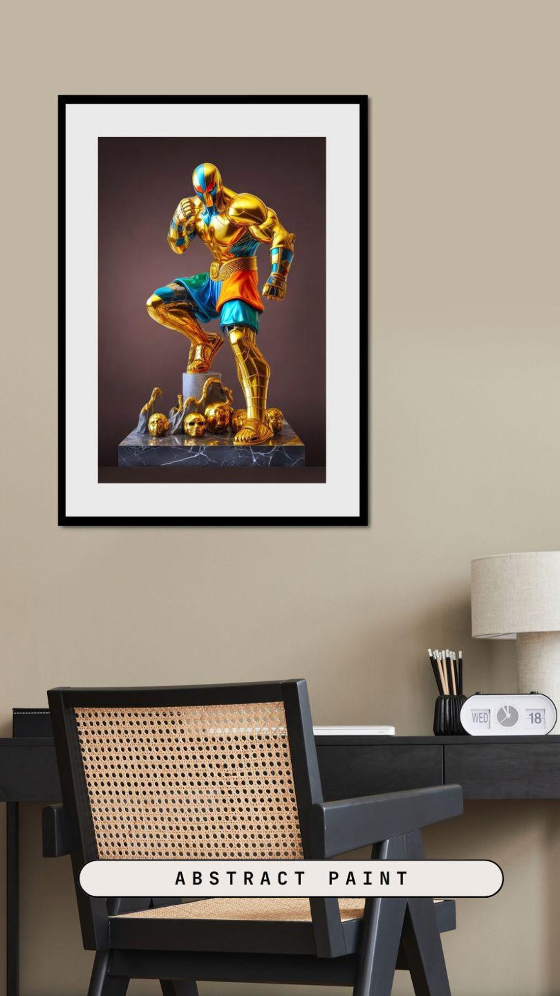 Golden Warrior Kickboxer Statue on Marble with Skull Base Poster - Image 2