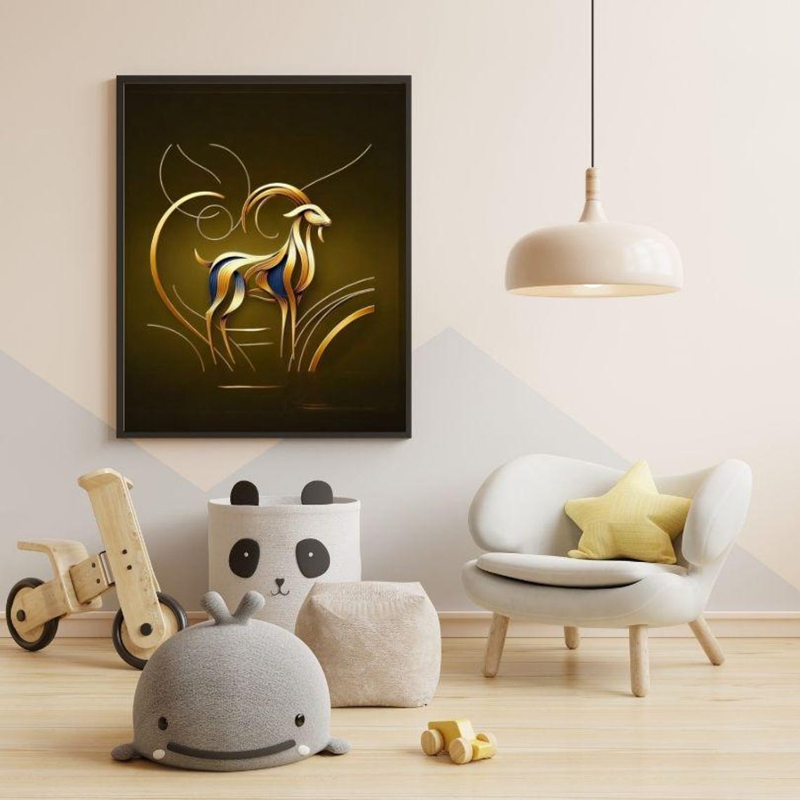 Graceful Golden Goat Standing in Flowing Line Art on Olive Poster - Image 3