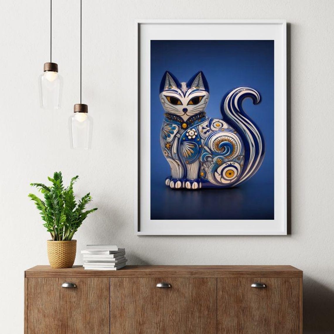 Blue and White Porcelain Cat in Talavera Style Decorative Art Poster - Image 3
