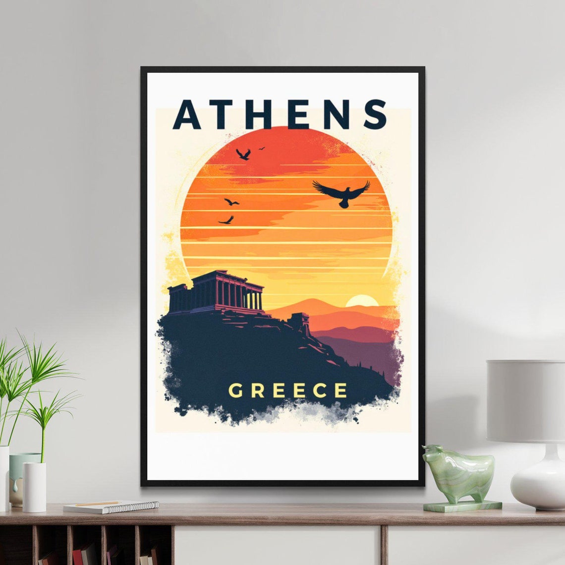 Athens Greece Acropolis Sunset Parthenon Birds Retro Travel Poster