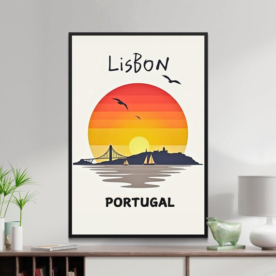 Lisbon Portugal Sunset Bridge Sailboats Silhouette Travel Poster