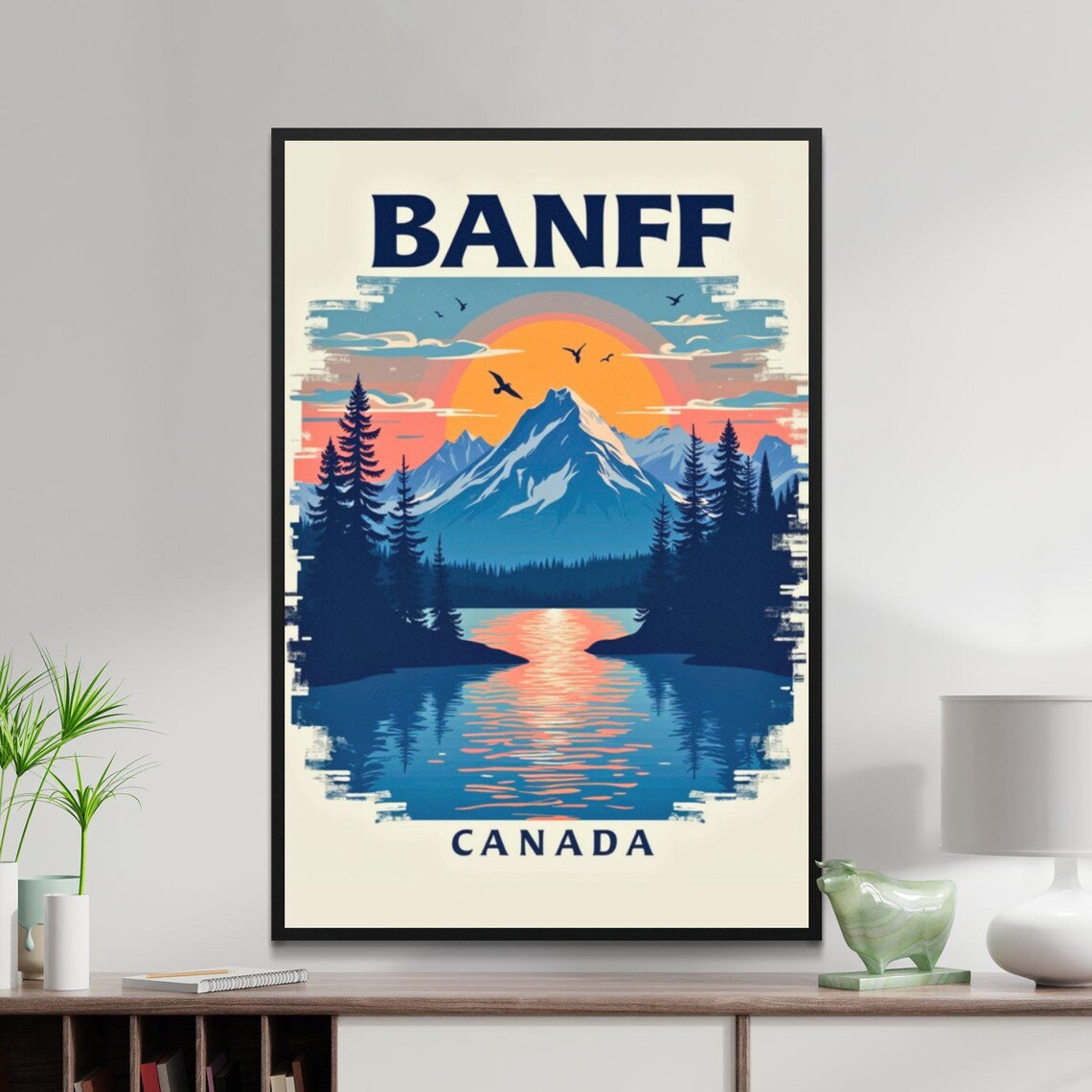 Banff Canada Mountain Peak Lake Sunset Pines Retro Travel Poster
