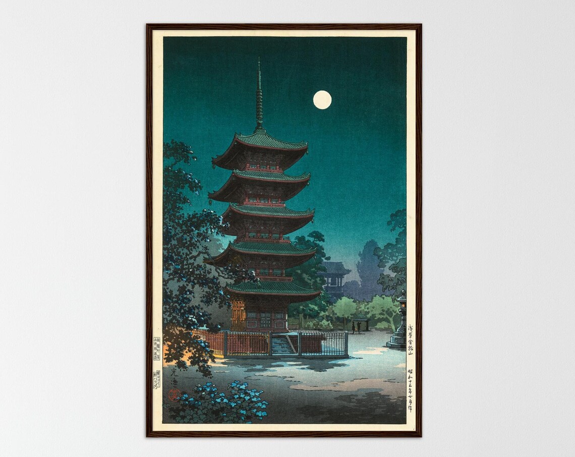 Japanese Temple Ukiyo-e, Vintage Woodblock Poster