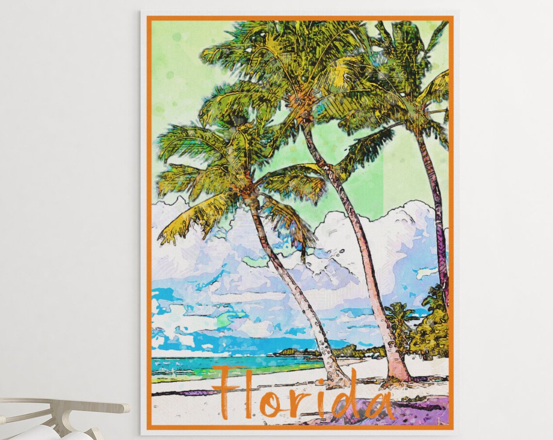 Florida Beach Palm Trees Tropical Sand Sea Watercolor Travel Poster
