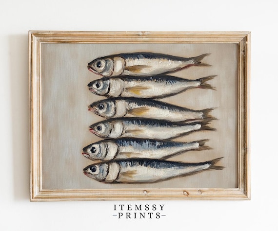 Vintage Sardine Still Life Art Antique Nautical Fish Painting Coastal Sea Life Print Maritime Art For Restaurant Rustic Ocean Print