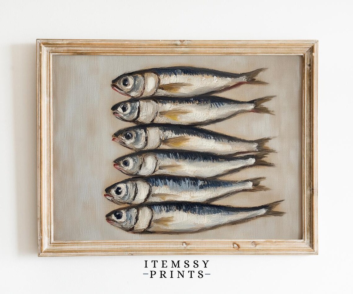 Vintage Sardine Still Life Painting Antique Nautical Fish Poster