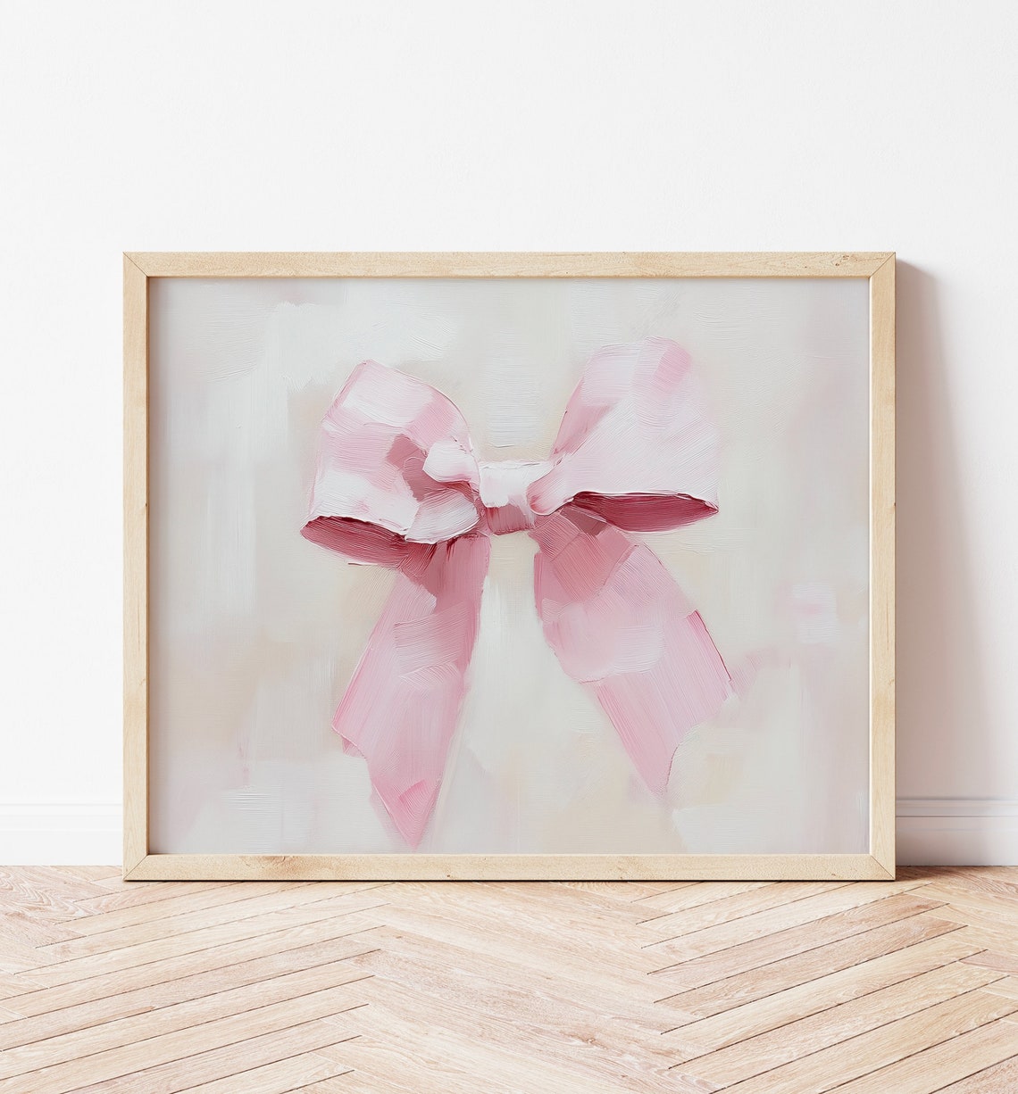 Pink Oil Painted Ribbon Bow Neutral Beige Coquette Nursery Art Poster - Image 2