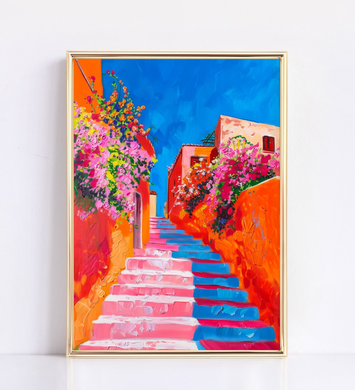 Mediterranean Flower Covered Staircase Bright Blue Sky Coastal Poster