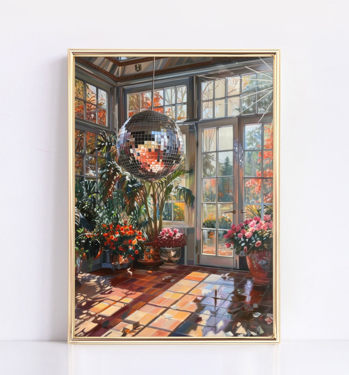 Sunroom Conservatory with Disco Ball Autumn Garden Scene Poster