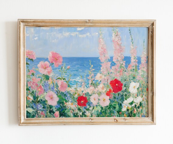 Seaside Wildflower Garden Hollyhock Poppy Ocean View Painting Poster