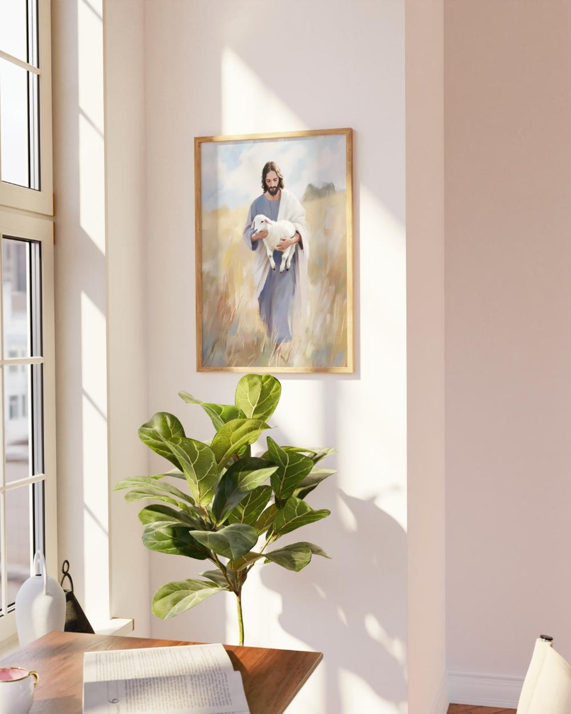 Jesus Gently Holding A Small Lamb In A Golden Wheat Field Poster - Image 2