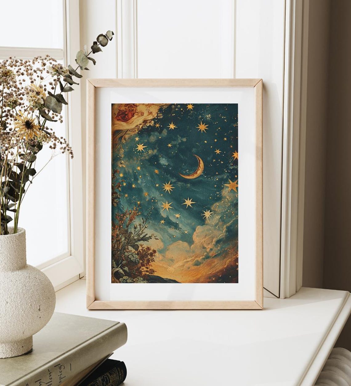 Vintage Celestial Night Sky Crescent Moon Star Constellation Print - Image 3