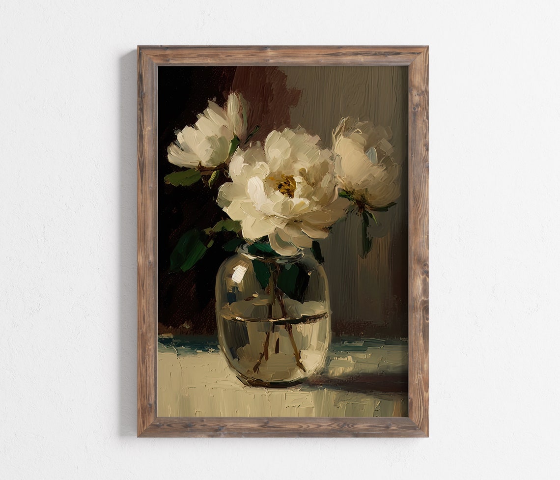 White Peonies In Glass Vase Classic Still Life Elegance Art Poster - Image 2