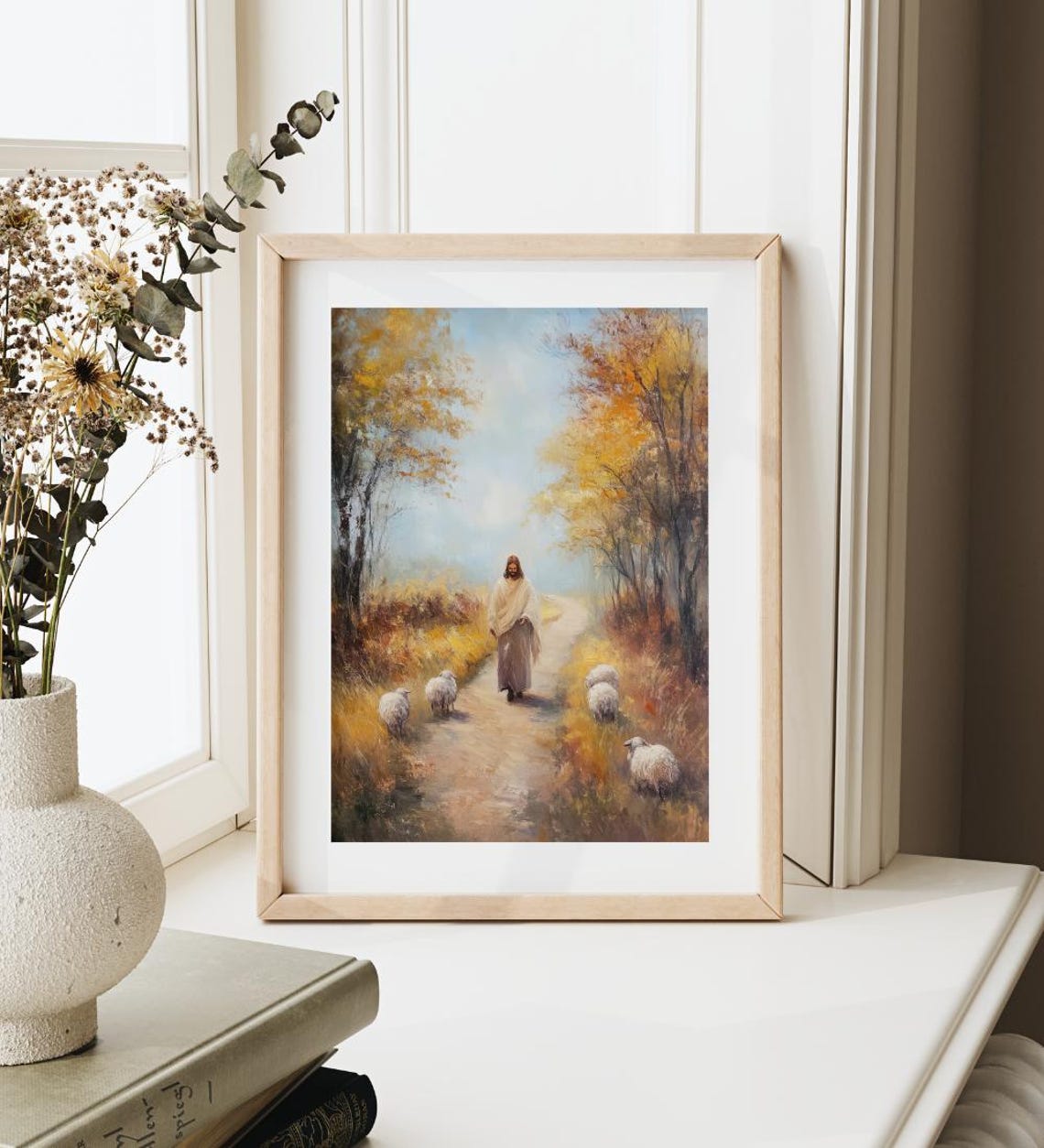 Jesus Walking Down Golden Autumn Path With Sheep Flock Poster - Image 3