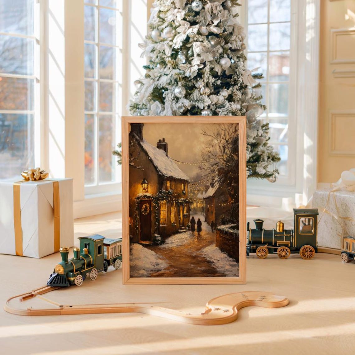 Snowy Village Street At Dusk With Glowing Warm Cottages Poster - Image 4