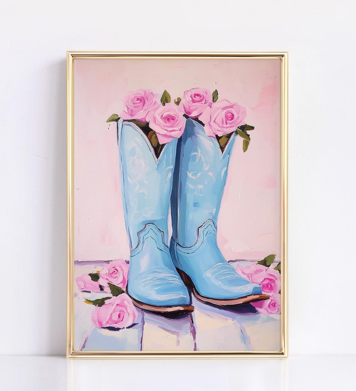 Blue Cowboy Boots Pink Rose Bouquet Western Girly Room Wall Art
