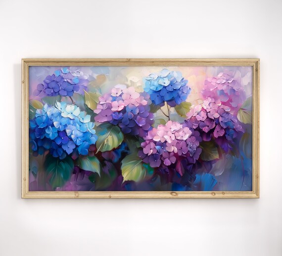 Blue Purple Hydrangea Impasto Floral Oil Painting Colorful Bloom Poster