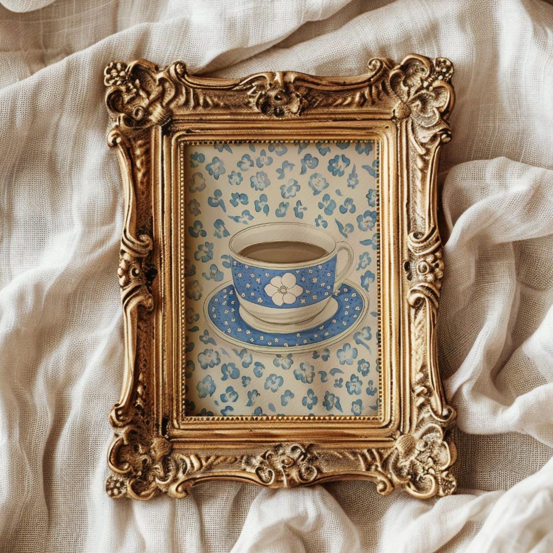 Blue Floral Teacup Coffee Art Vintage China Cup Kitchen Wall Poster - Image 4