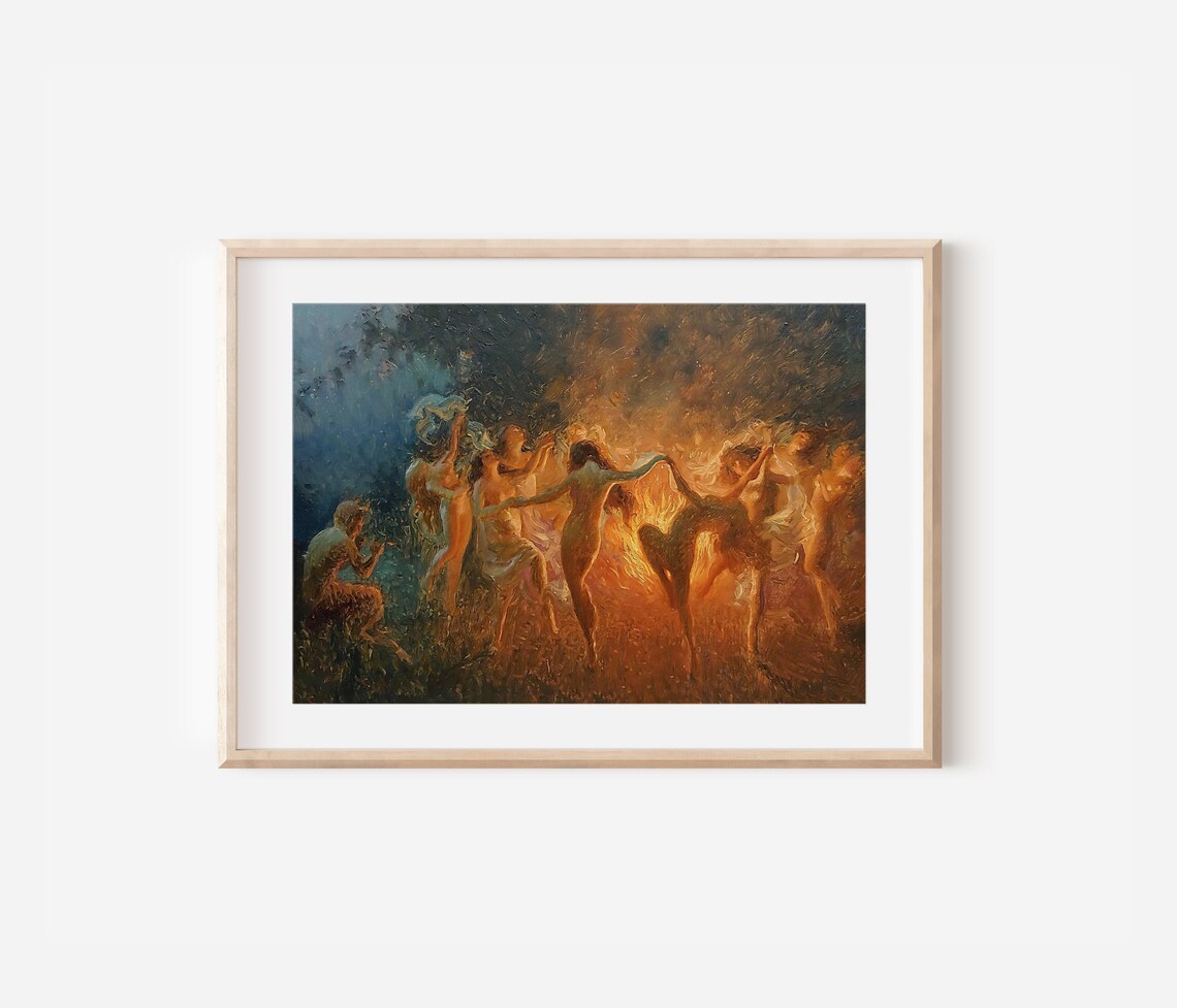 Dancing Witches Around Bonfire Firelight Night Scene Vintage Dark Poster - Image 3