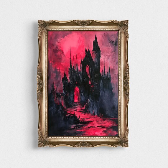 Black Gothic Castle Red Moonlit Sky Horror Fantasy Art Poster
