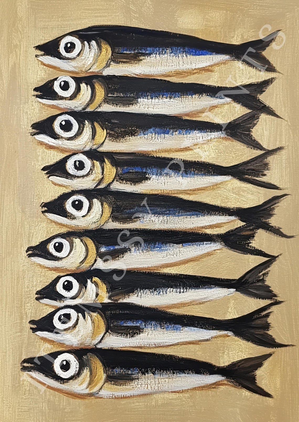 Nine Sardines Row Bold Folk Art Painting Gold Ground Fish Poster - Image 2