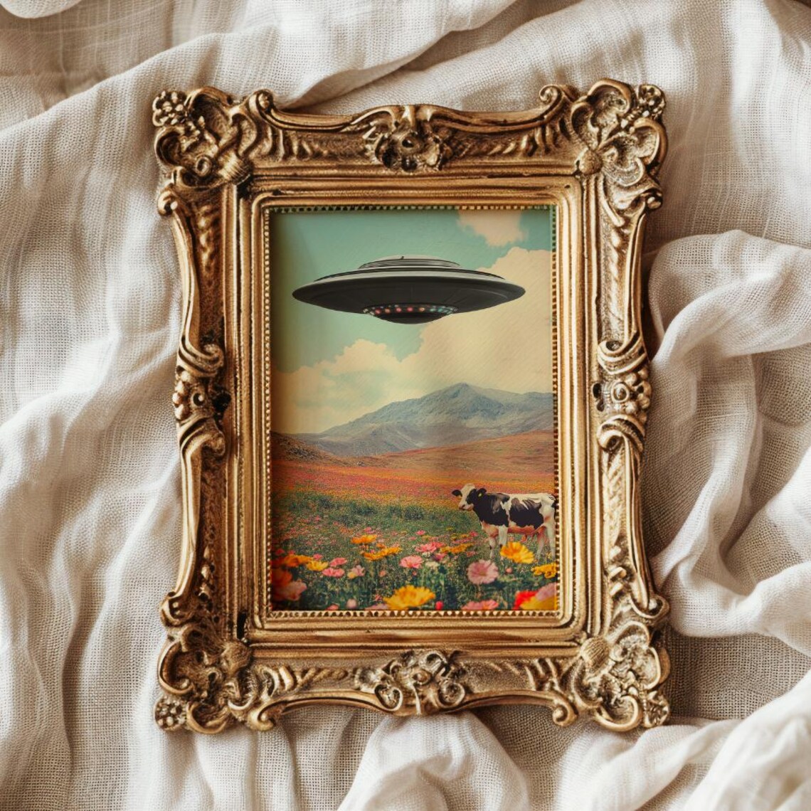 UFO Over Cow in Wildflower Meadow Retro Surreal Cosmic Space Art Print - Image 3