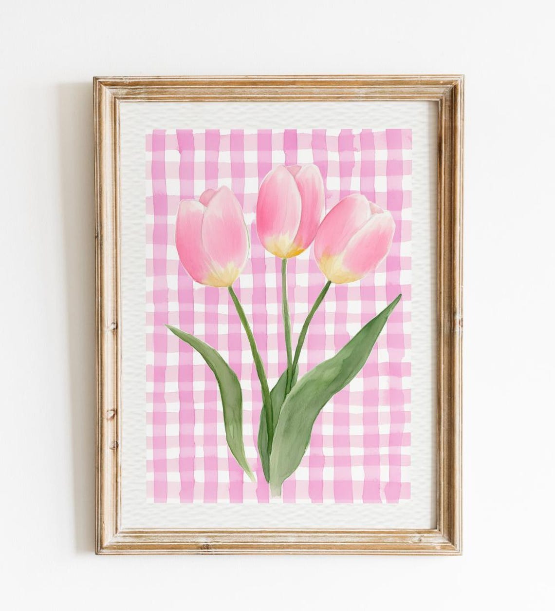 Pink Tulips Gingham Check Watercolor Flower Illustration Art Print - Image 3