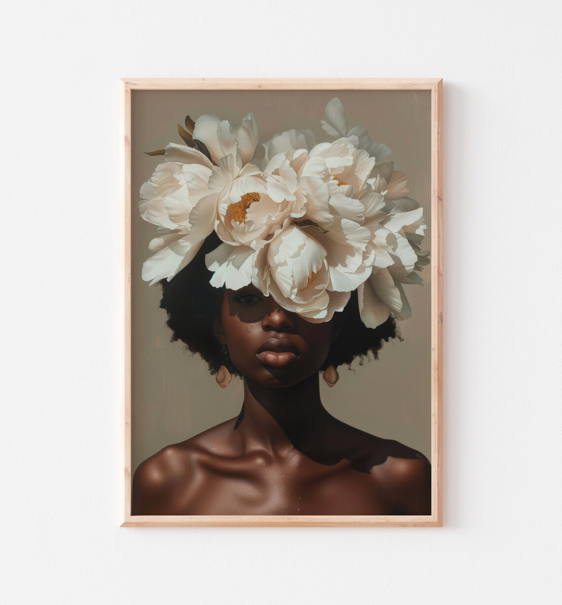 Beautiful Black Woman White Floral Crown Botanical Portrait Poster - Image 2
