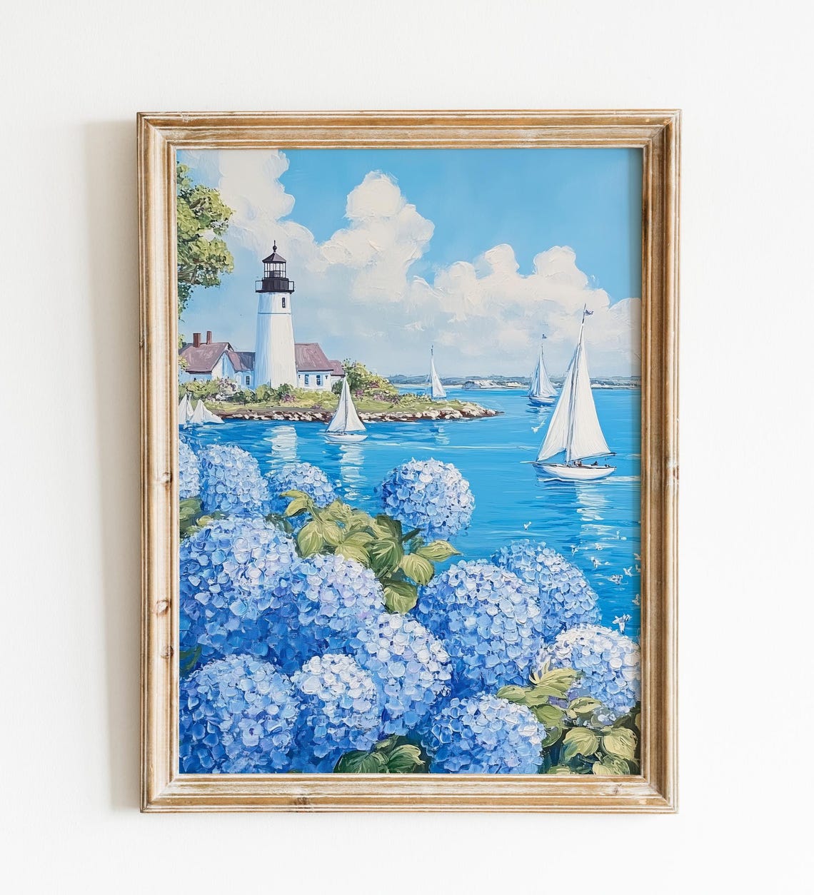 Lighthouse Sailboats Blue Hydrangeas Nantucket Coastal Poster