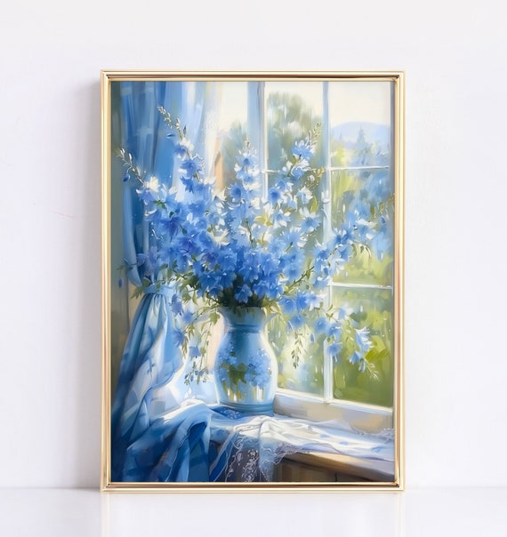 Vintage Blue Wildflowers In Vase Moody Spring Decor Farmhouse Floral Print Neutral Wall Art Country Cottagecore Wall Decor