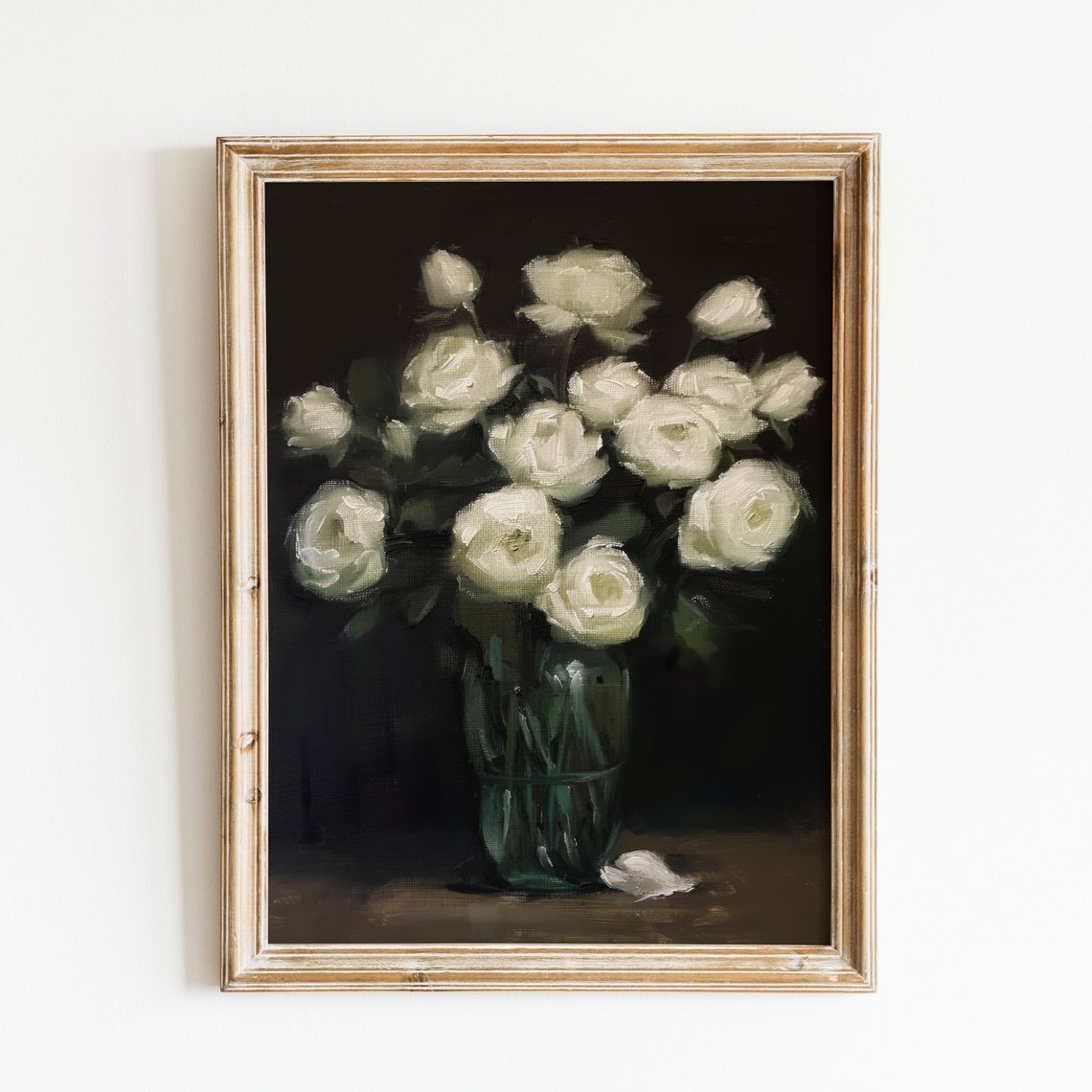 White Roses in Glass Vase Dark Background Oil Painting Poster - Image 3