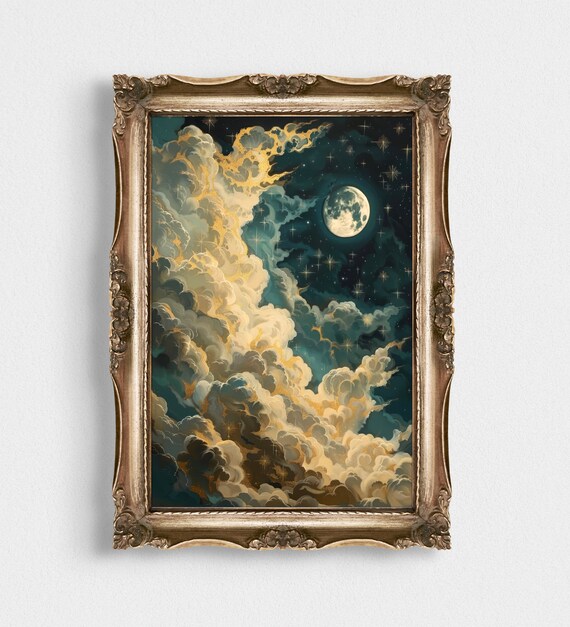 Gilded Clouds Moonlit Night Sky Stars Dark Celestial Dream Painting Poster