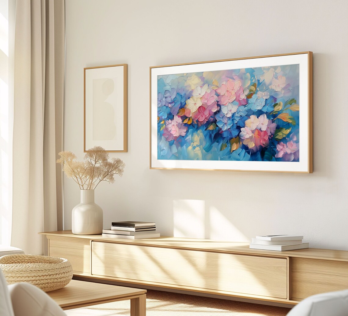 Pastel Hydrangea Abstract Impasto Floral Painting Soft Blue Pink Poster - Image 2