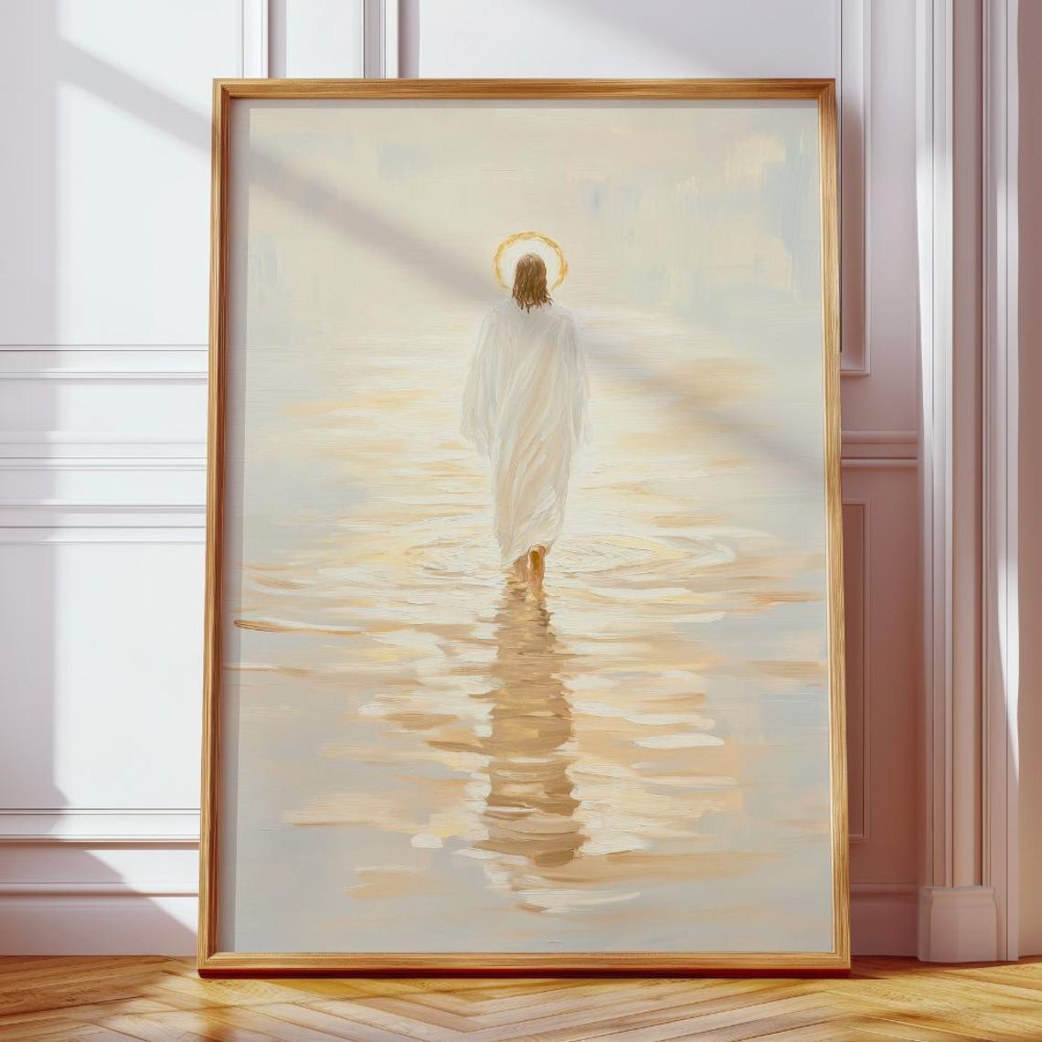 Jesus Walking on Water Golden Halo Christian Faith Art Poster