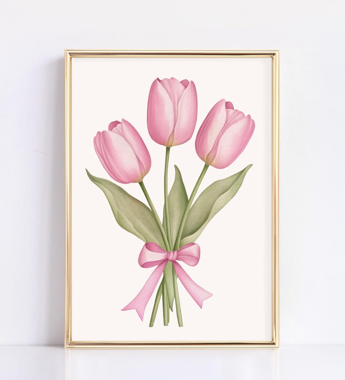 Three Pink Tulips With Bow Watercolor Spring Floral Wall Art - Image 3