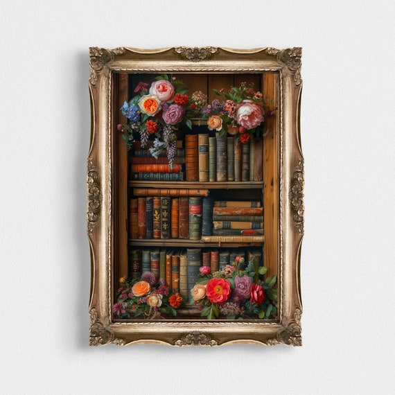 Dark Academia Books Print Flowers Bookshelf Decor Moody Bookish Gothic Home Art Literary Wall Art Floral Vintage Poster