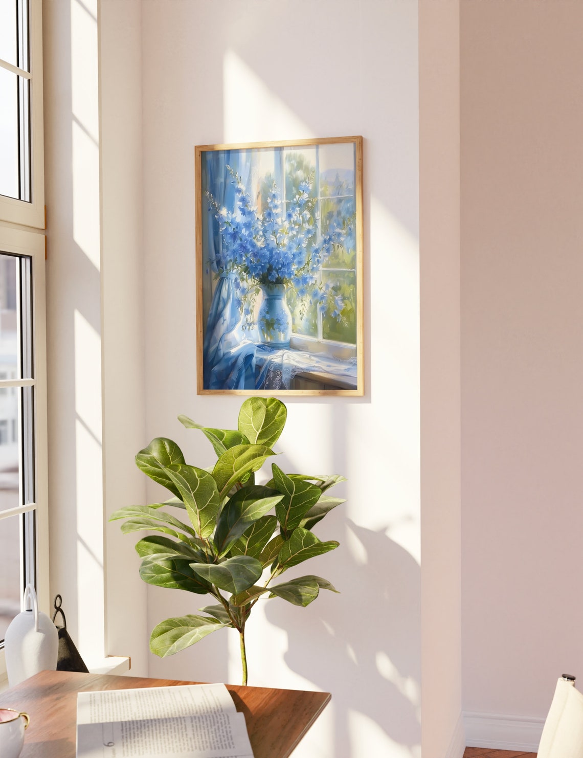 Blue Bellflowers Blue Vase Sunny Windowsill Dreamy Floral Art Poster - Image 2